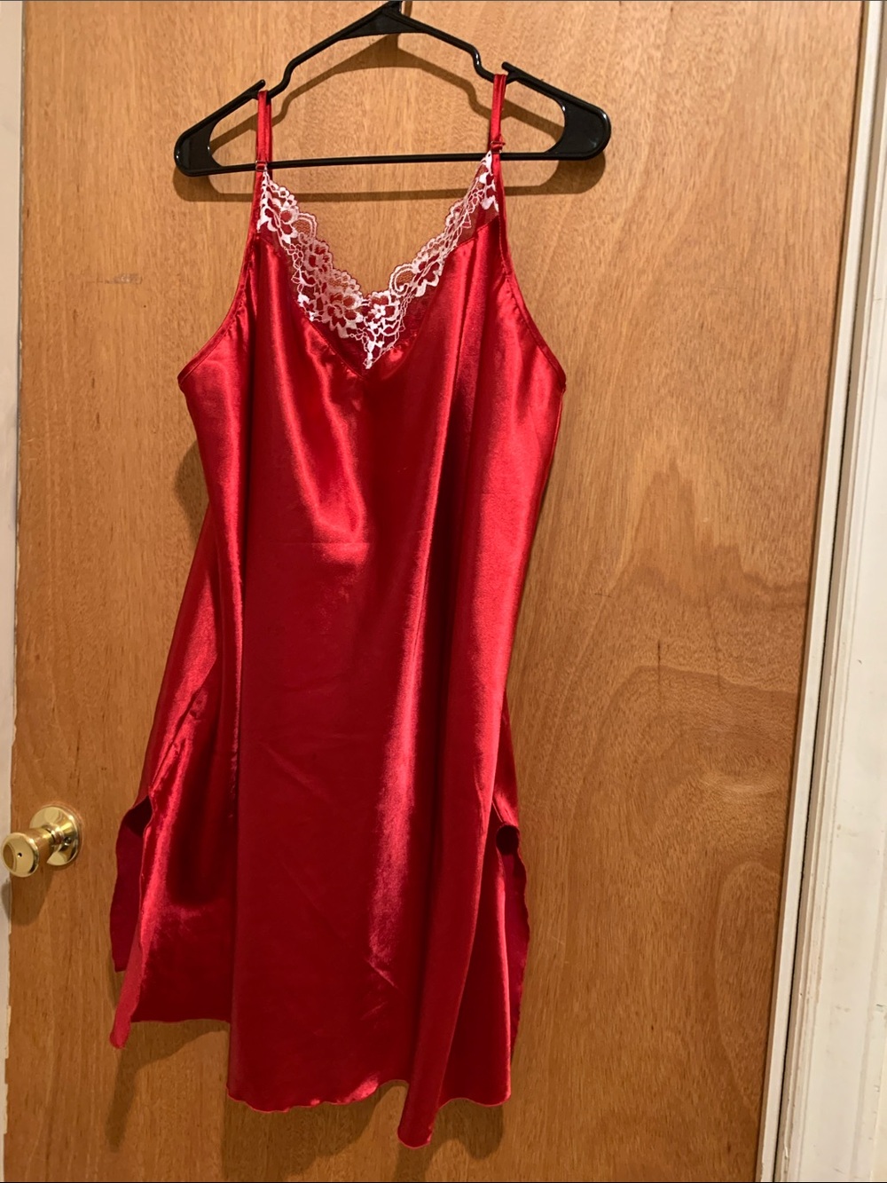 Red Satin Lace-Trim Chemise Slip